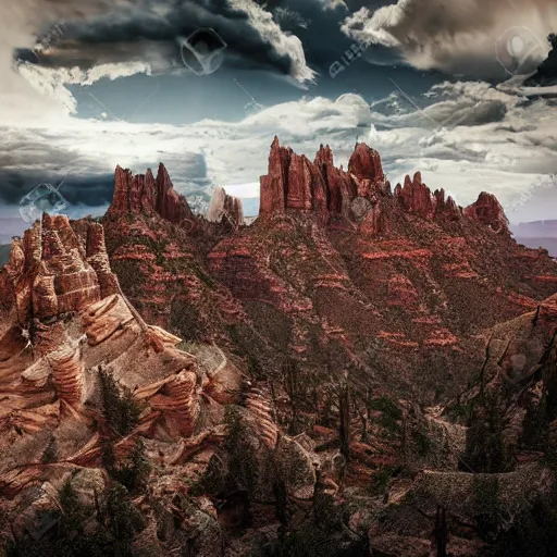 Prompt: dark gothic palace made of rock with tall spires, bristlecone pine trees, grand canyon, ultrawide cinematic 3d render, dark dramatic skies, atmospheric, vultures