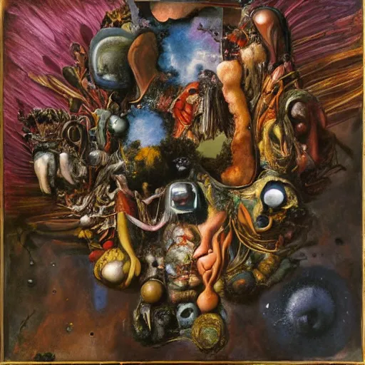 Image similar to an oil painting by arcimboldo, by georgia o keeffe, by botticelli, by giger, by frank frazetta, by gustave moreau, by beksinski, seen through a kaleidoscope, broke mirror, contemporary, brutal, vanity, broken, nerve system, medical, jewels, nebula, space, tonalism, merged, akira