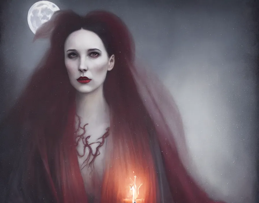 Image similar to portrait of Lady Dracula in victorian suit by Tom Bagshaw, atmospheric lighting, painted, intricate, London Dockyard, volumetric lighting, beautiful, light rain, moon light, sharp focus, ultra detailed, by Leesha Hannigan, Ross Tran, Thierry Doizon, Kai Carpenter, Ignacio Fernández Ríos, Yasumoto Oka,