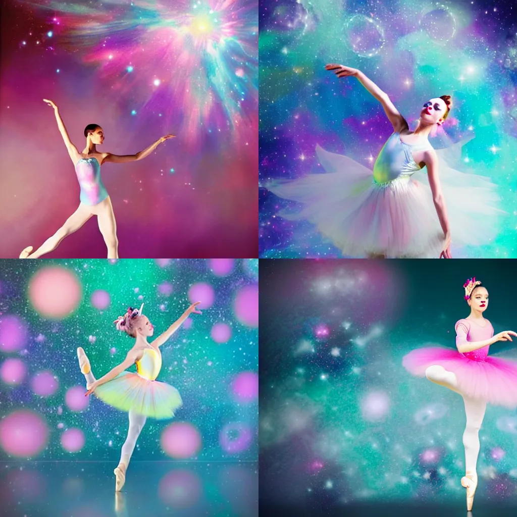 Prompt: a ballet girl, clown makeup, pastel colors, ethereal, dancing into a space environment with supernova, sparkling space clouds, pastel roses