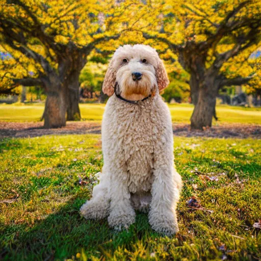 Image similar to a goldendoodle meditation below a Sakura tree, 8k, nature photography