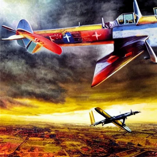 Prompt: Dave Mustaine flying over the French countryside in a world war one era plane, hyper realistic, colorful