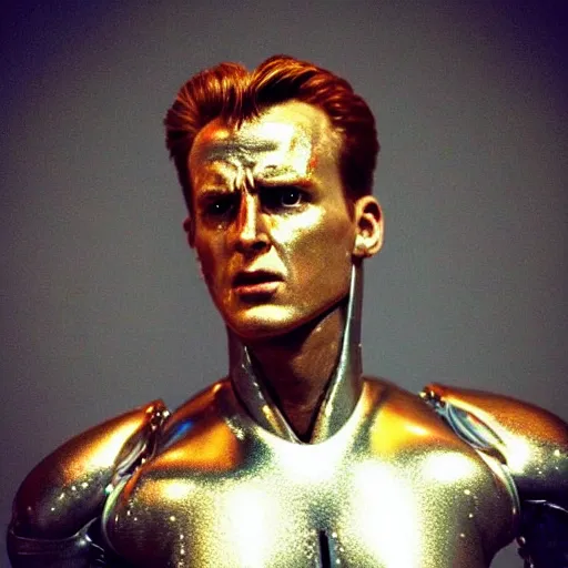 Prompt: “a realistic detailed photo of a guy who is the t-1000 terminator robot, composed of liquid metal, or a mimetic polyalloy nanorobotics, who is a male android, Chris Evans, posing like a statue, blank stare”