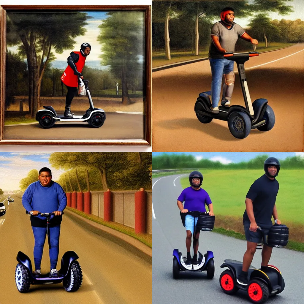 Prompt: Harvey Price riding a segway down the motorway, renaissance oil painting