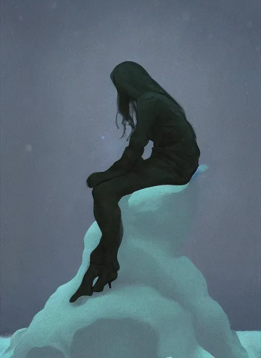 Image similar to woman sitting on a pile of skulls, snowing night by Edward Hopper and James Gilleard, Zdzislaw Beksinski, Katsuhuro Otomo highly detailed