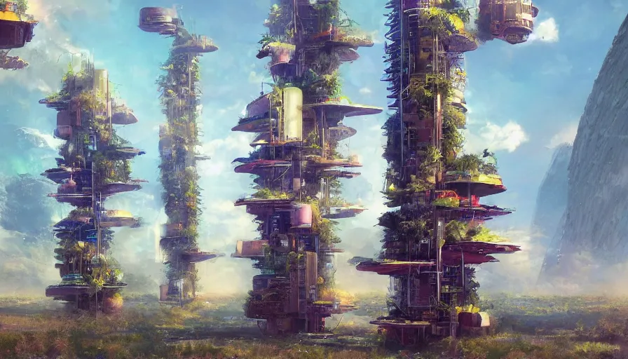 Prompt: craig mullins and ghibli digital illustration organized solarpunk tall vertical farms under an invisible force field, scifi hydroponics, astrophotography, colorful, unreal engine, hyper realism, realistic shading, cinematic composition, realistic render, octane render, detailed textures, photorealistic, wide shot