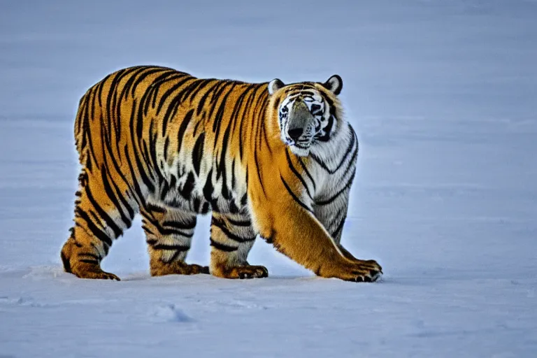 Image similar to a tiger polar bear!!! hybrid! hyper realistic!! realistic lighting!! wildlife photographer of the year!!! bold natural colors, national geographic, hd, wide angle, 8 k