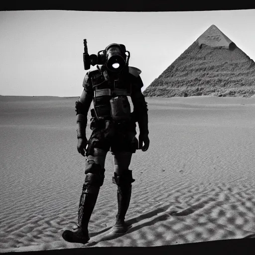 Image similar to a heavily armored man wearing a gasmask, walking over sand dunes, pyramid in background, as an album cover