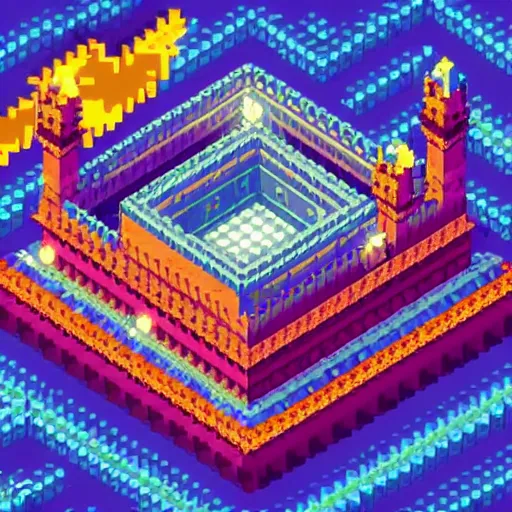 Image similar to isometric pixel art, soft lighting, pixel town, medival Pixelated castle, ultra detailed