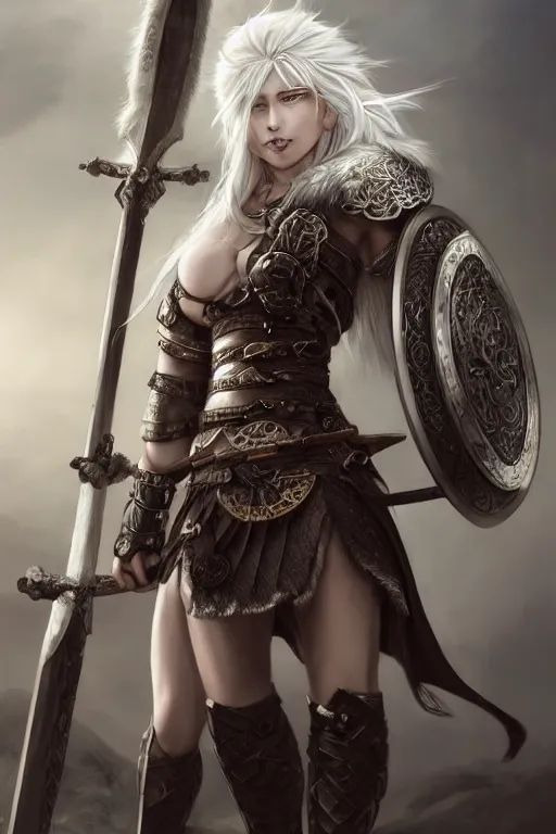 Image similar to A realistic anime portrait of a beautiful white haired female barbarian wearing an intricate viking armor, digital painting, by Stanley Artgerm Lau, Sakimichan, WLOP and Rossdraws, digital painting, painterly, Pixiv, Deviantart, golden ratio, rule of thirds, good composition, HD, 8k, award winning, promo art, splash art, rpg, jrpg, dungeons and dragons, DND, trending on ArtStation