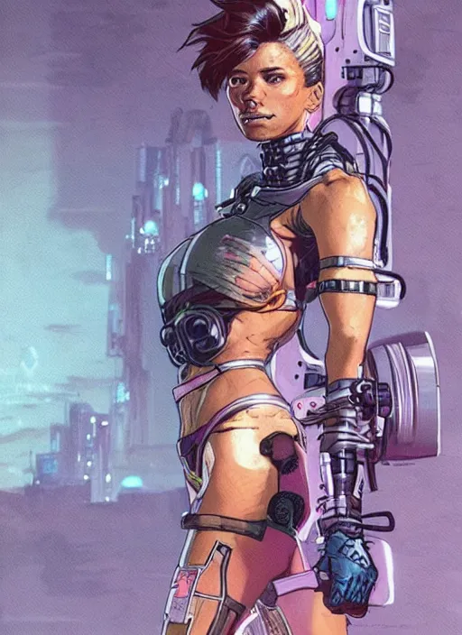 Image similar to apex legends cyberpunk fitness babe. concept art by james gurney and mœbius. gorgeous face.