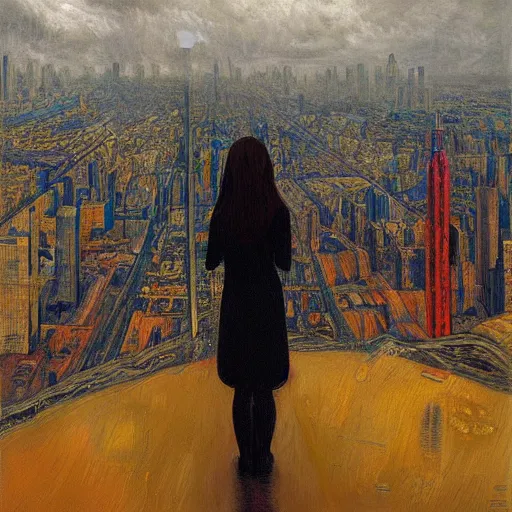 Image similar to “ a girl looking down at a futuristic new york city below, ghostpunk, fog, storm clouds, rain, detailed face, oil painting, by jan toorop ”