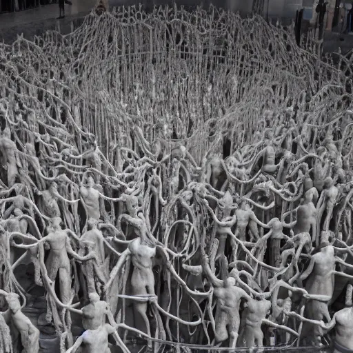 Image similar to hundreds of humans. A sea of humans. interconnected flesh. Crowdcrush. Many humans intertwined and woven together. Bodies and forms amesh. Sculpture by Alberto Giacometti.