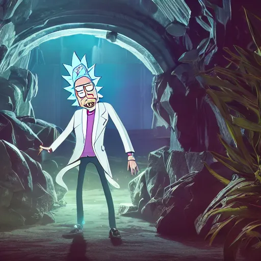 Image similar to full body pose, hyperrealistic photograph of rick sanchez from rick and morty, dim volumetric lighting, 8 k, octane beautifully detailed render, extremely hyper detailed, intricate, epic composition, cinematic lighting, masterpiece, trending on artstation, very very detailed, stunning, hdr, smooth, sharp focus, high resolution, award, winning photo, dslr, 5 0 mm