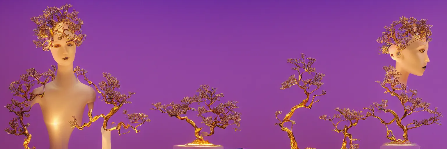 Prompt: beautiful mannequin sculpted out of amethyst by billelis + lit with geometric neon dripping gold + kintsugi, facing a doorway opening with neon pink geometric fractal light + flowering bonsai trees + lighting in background!!, transcendent, clean linework, dramatic, finely detailed, award winning, 4 k, trending on artstation, photorealistic, volumetric lighting, octane render