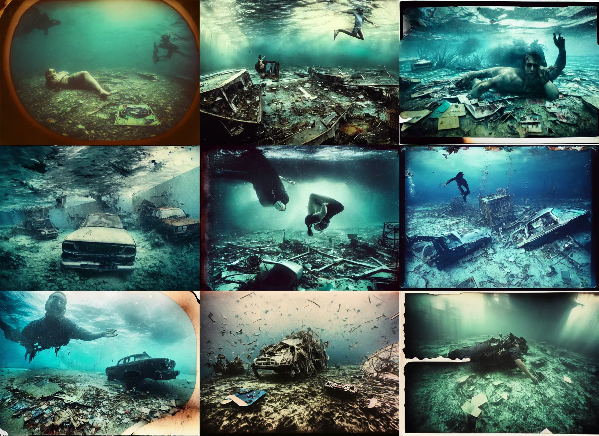Prompt: vladimir putin underwater, macro in postapocalyptic abandoned destroyed deep sea times square, wrecked buildings, destroyed flipped wrecked cars, underwater polaroid photo, vintage, neutral colors, underwater, by shawn heinrichs and gregory crewdson