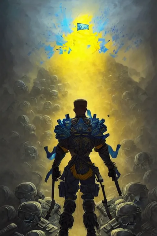 Image similar to a distant shot from behind of a Ukrainian super soldier with blue and yellow flag behind him standing alone on a huge pile of skulls as a winner, masculine muscular figure, D&D, fantasy, intricate, elegant, highly detailed, extremely detailed, digital painting, artstation, concept art, matte, sharp focus, symmetrical, illustration, art by Artgerm and Greg Rutkowski and Alphonse Mucha