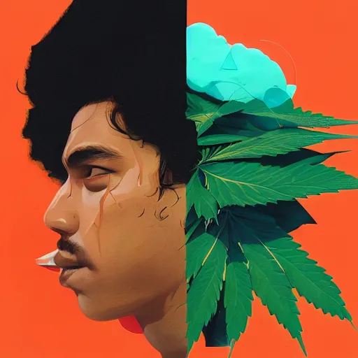 Prompt: profile picture of smoking marijuana by sachin teng, organic painting, marijuana, hiphop, hard edges, energetic, 3 d shapes, asymmetrical, smoke, warm, inviting, highly detailed masterpiece by sachin teng x supreme