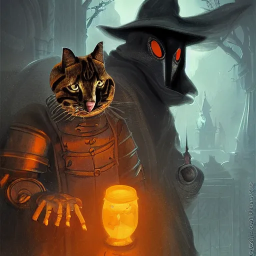 Prompt: a plague doctor with techno armor with rgb lights holding a bengal cat and an orange tabby cat in a graveyard, scary, spooky, by greg rutkowski