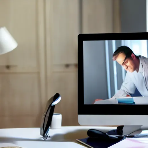 Prompt: photorealistic still shot of a man at a desk in front of computer. bugs are crawling on the desk