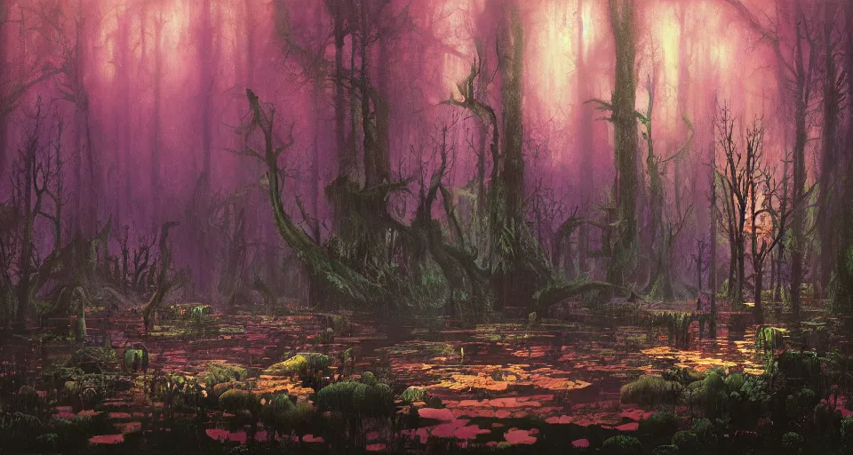 Image similar to A dense and dark enchanted forest with a swamp, by PAUL LEHR ,