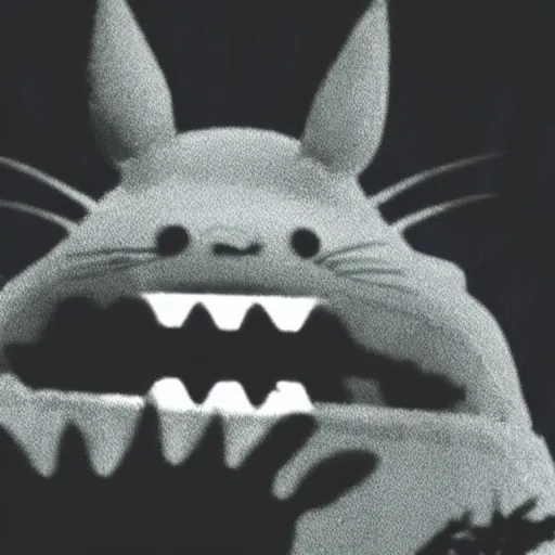 Prompt: trail cam footage of a terrifying totoro monster with fangs and glowing eyes about to attack the camera from the shadows, gothic, horror film, claws, sharp teeth, aggressive, violent, realistic,