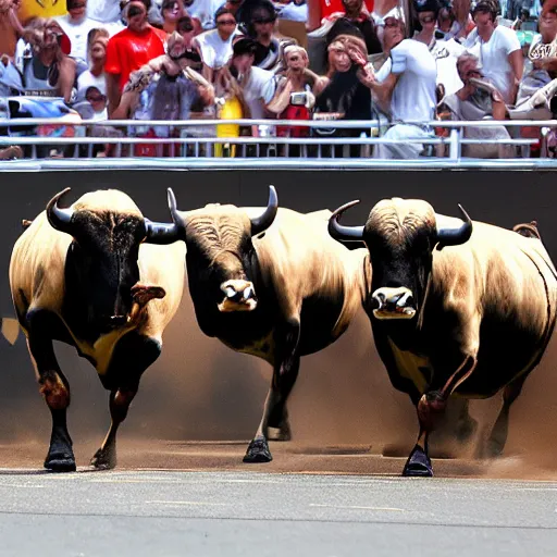 Image similar to bulls on parade, angry, chaotic, fast moving, dynamic