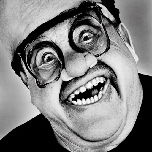 Image similar to Danny DeVito in ((clown makeup)), portrait photograph, serious sad, low contrast ilford hp5 film, black and white, high grain