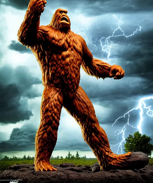Prompt: hyperrealistic rendering, epic boss battle, bigfoot sasquatch, by art of skinner and richard corben, product photography, collectible action figure, sofubi, hottoys, storm clouds, outside, lightning