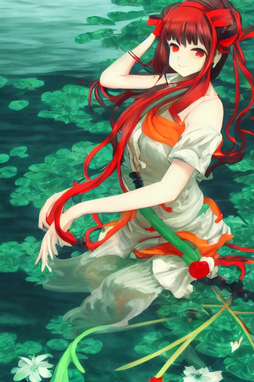 Prompt: hakurei reimu from touhou project floating on the water at night, plants, green and orange theme, s line, 4 5 angel by krenz cushart and mucha and makoto shinkai and akihito yoshida and greg rutkowski, 4 k resolution