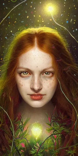 Image similar to young woman, smiling amazed, among firefly lights, full covering intricate detailed dress, amidst nature, long red hair, precise linework, accurate green eyes, small nose with freckles, beautiful oval shape face, empathic, expressive emotions, dramatic lights, hyper realistic ultrafine art by artemisia gentileschi, jessica rossier, boris vallejo