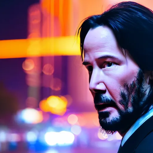 Image similar to a still of Keanu Reeves. Shallow depth of field. City at night in background, lights, colors ,studio lighting, mood, 4K. Profession photography