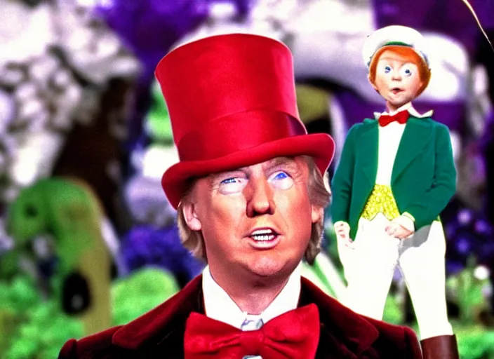 Prompt: film still of Donald Trump as Peter Pan in Willy Wonka's and the Chocolate Factory 1971