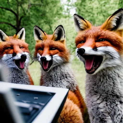 Prompt: a group of fox animals dressed in modern american military soldier uniforms, foxes laughing at a computer, 8 5 mm f / 1. 4