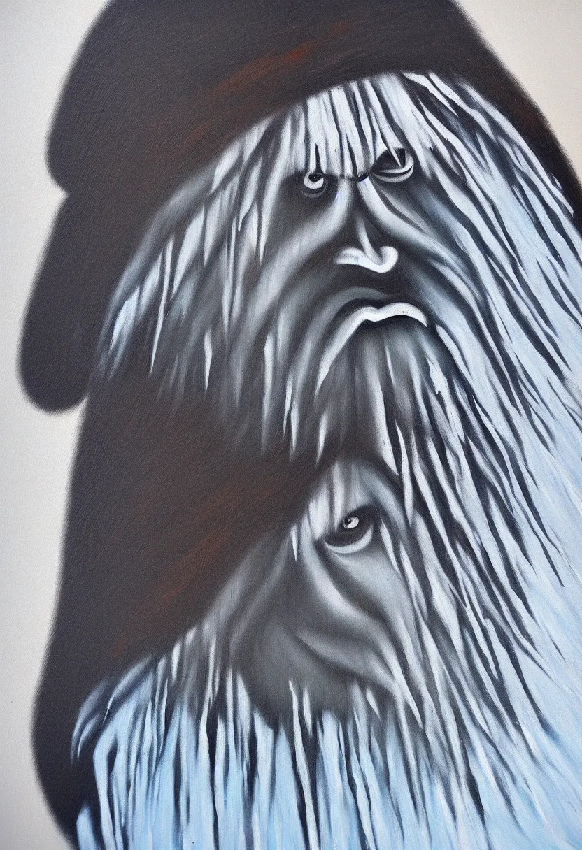 Image similar to inuit oil painting of a yeti, thick textured paint