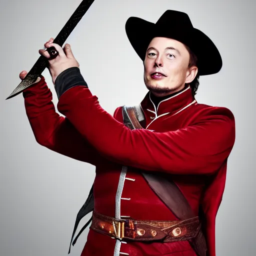 Image similar to photo of elon musk as a musketeer, he has a big black hat with a red feather, he is holding a shiny rapier sword and he is looking straight to the camera, gray background, studio lighting, 4 k, 8 k