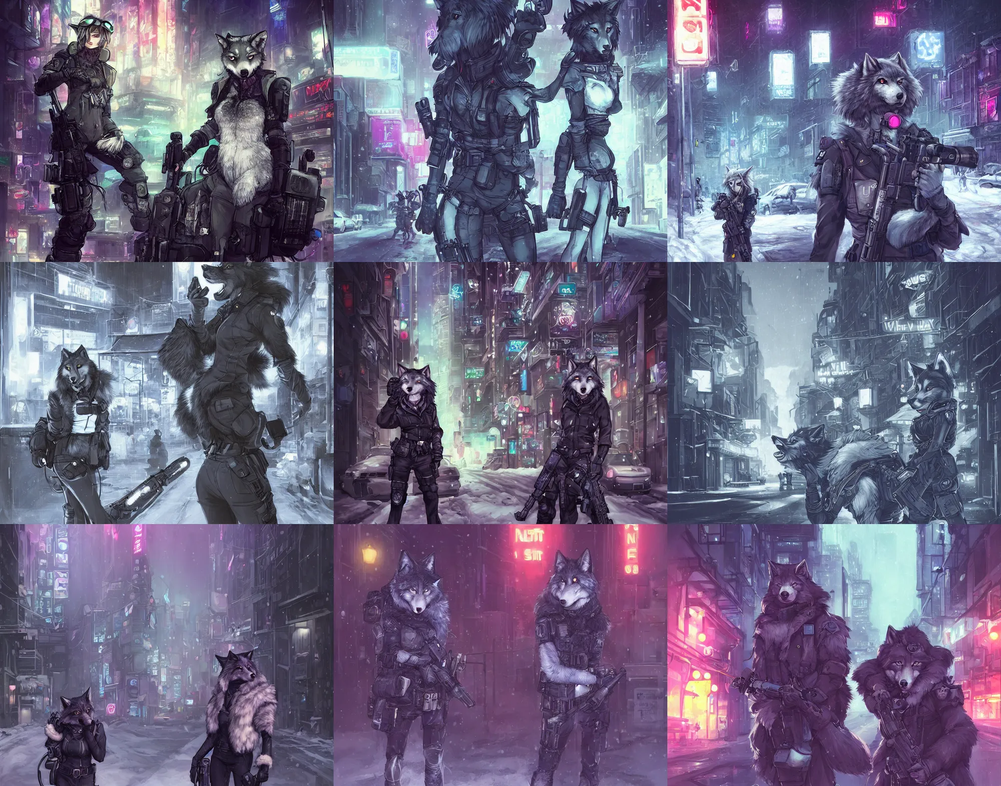 Image similar to beautiful furry art portrait commission of a female furry anthro wolf fursona both wearing a tactical swat uniform in the streets of a cyberpunk city at night in the snow. neon signs. character design by charlie bowater, ross tran, artgerm, and makoto shinkai, detailed, inked, western comic book art