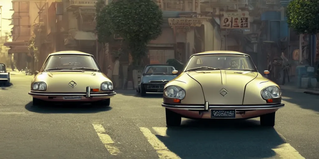 Image similar to a wholesome animation key shot of a focused 1974 citroen ds in the street, medium shot, studio Ghibli, Pixar and Disney animation, sharp, very detailed, high resolution, Rendered in Unreal Engine 5, anime key art by Greg Rutkowski, Bloom, dramatic lighting