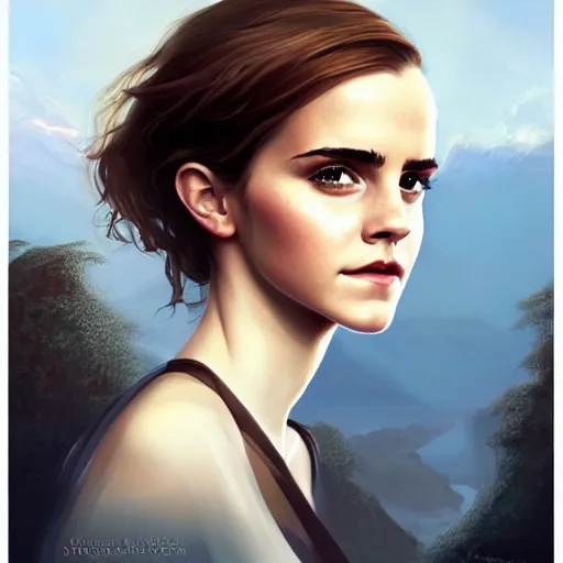 Image similar to a portrait of emma watson in a scenic environment by charlie bowater