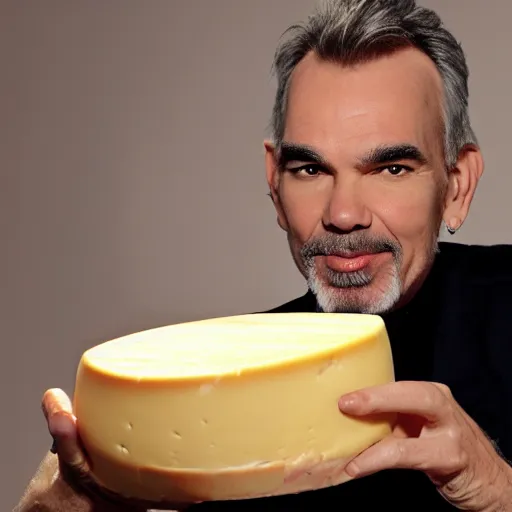 Image similar to billy bob thornton eating a large wheel of cheese,