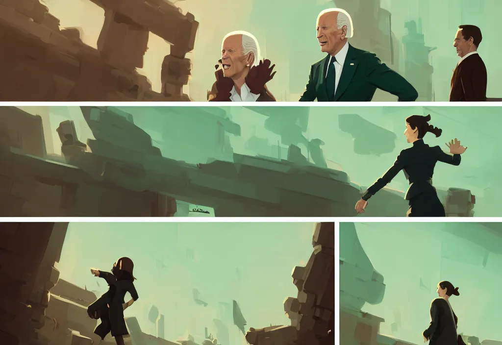 Image similar to joe biden vs emma watson, epic debates during presidental elections, cnn, fox news, agitation poster, fantasy, by atey ghailan, by greg rutkowski, by greg tocchini, by james gilleard, by joe gb fenton, dynamic lighting, gradient light green, brown, blonde cream, salad and white colors in scheme, grunge aesthetic