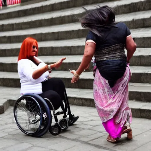 Image similar to jodie marsh pushing an obese indian woman in a wheelchair on steps in Porto, detailed photo