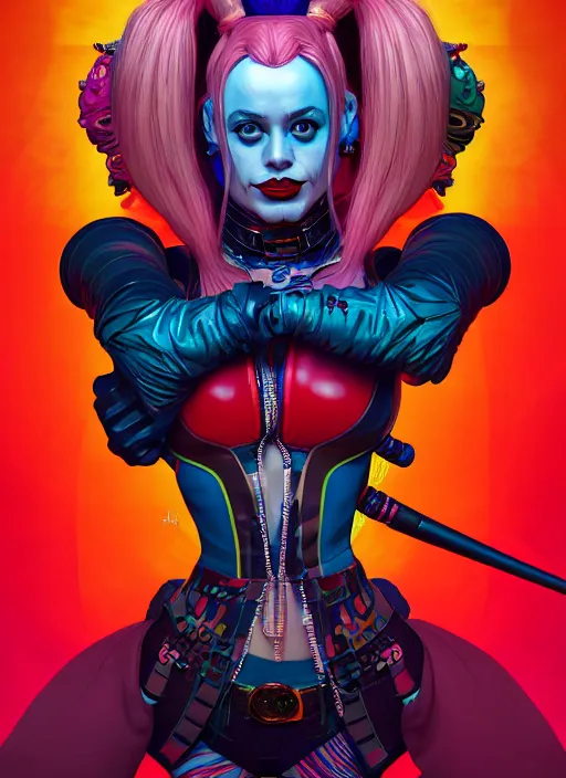 Prompt: harley quinn, intricate artwork by josan gonzalez, artgerm, edmund leighton, kilian eng, alphonse mucha, very coherent artwork, cinematic, psychedelic, vibrant, octane render, unreal engine, 8 k, high contrast, black ink outline