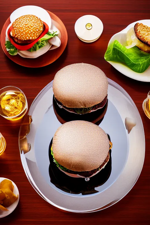 Prompt: diamond burger with glass on the silk pillow, designed by swarovski, symmetry, cinematic, elegant, luxury materials, glass, diamonds, perfect light, perfect composition, dlsr photography, sharp focus, 4 k, ultra hd, sense of awe