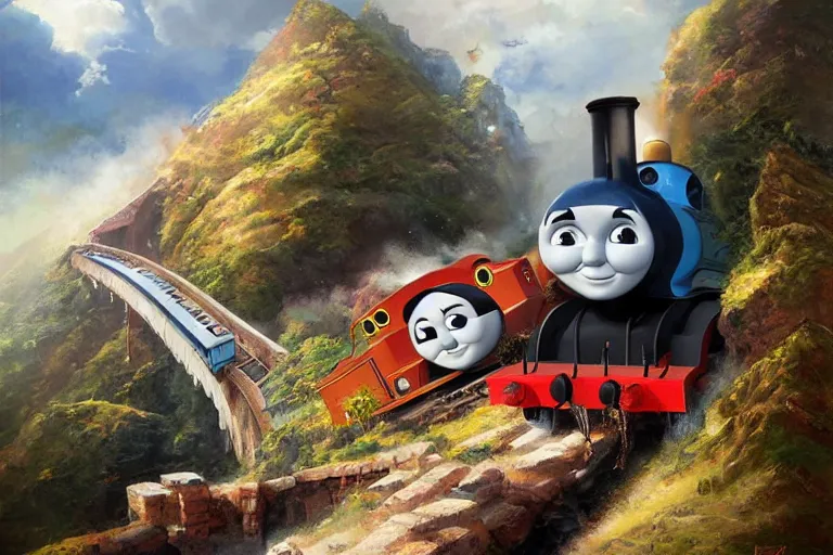 Prompt: thomas the tank engine ramping off a cliff because tracks ended, an oil painting by ross tran and thomas kincade