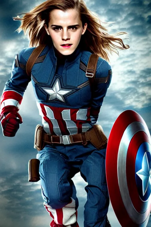 Image similar to emma watson as captain america, hyper realistic