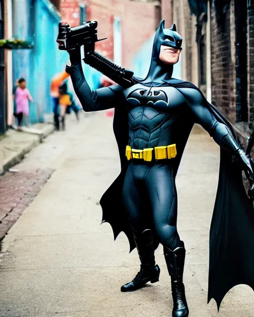 Prompt: happy batman firing super soaker water gun in an alleyway, everyone having fun, product advertisement, photography