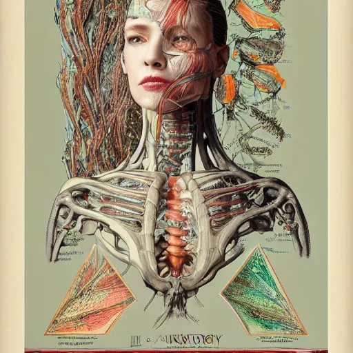 Prompt: cyberpunk beautiful girl, highly detailed labeled medical anatomy poster, anatomical drawing on poster paper with notes, extra beautiful colorful full page antique lithograph of artnouveau borders and designs, muted colors, parchment paper, art print, well - lit, ray tracing, horror, eldritch abomination, hyper realistic, 8 k post - processing