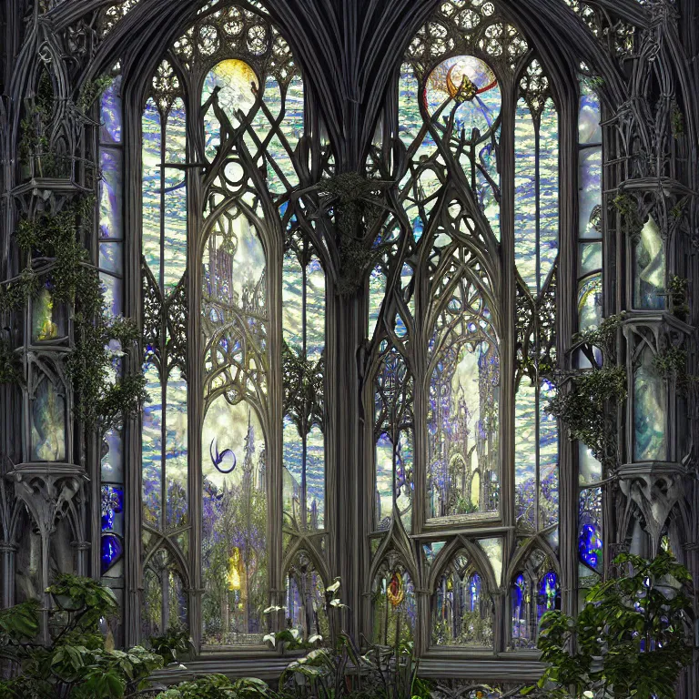 Prompt: celestial gardens, stained glass windows, hanging gardens, gothic, neo - gothic, art nouveau, polished white marble, hyperdetailed ornate silvered medieval icon, daniel merriam, john stephens, concept art, aetherpunk, unreal engine, detailed intricate environment, octane render, godrays, ultrasharp, whimsical, ethereal, beautifully lit