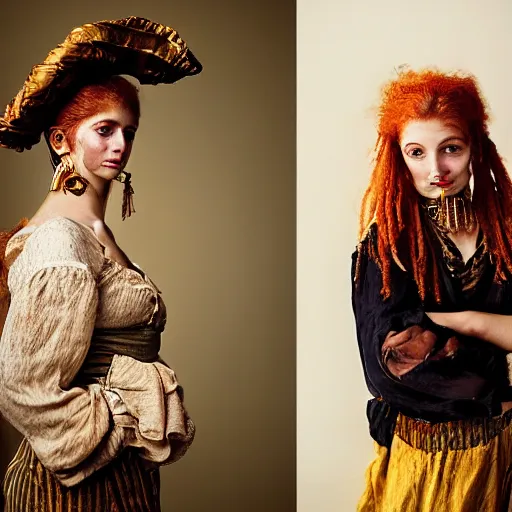 Image similar to beautiful 1 9 th century barbary coast pirate female models with ginger hair and golden hooped earrings photography by steve mccurry